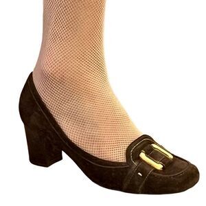 Y2K 70s Ferragamo Suede Leather Brass Buckle Preppy Square Loafer Pump 8 Vintage